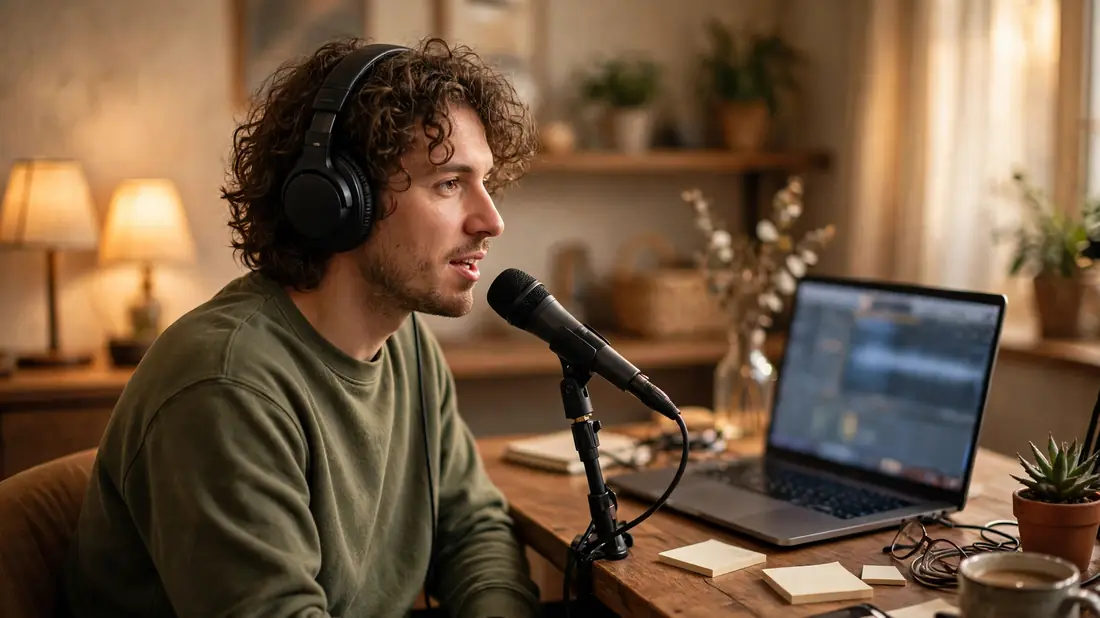 Person wearing headphones recording a voiceover into a desk microphone