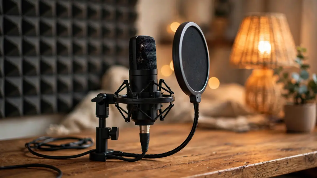 USB condenser microphone with pop filter on a wooden desk in a warm home studio