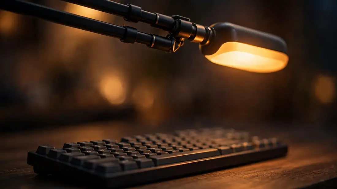 Close-up of an adjustable desk lamp arm casting warm light over a keyboard