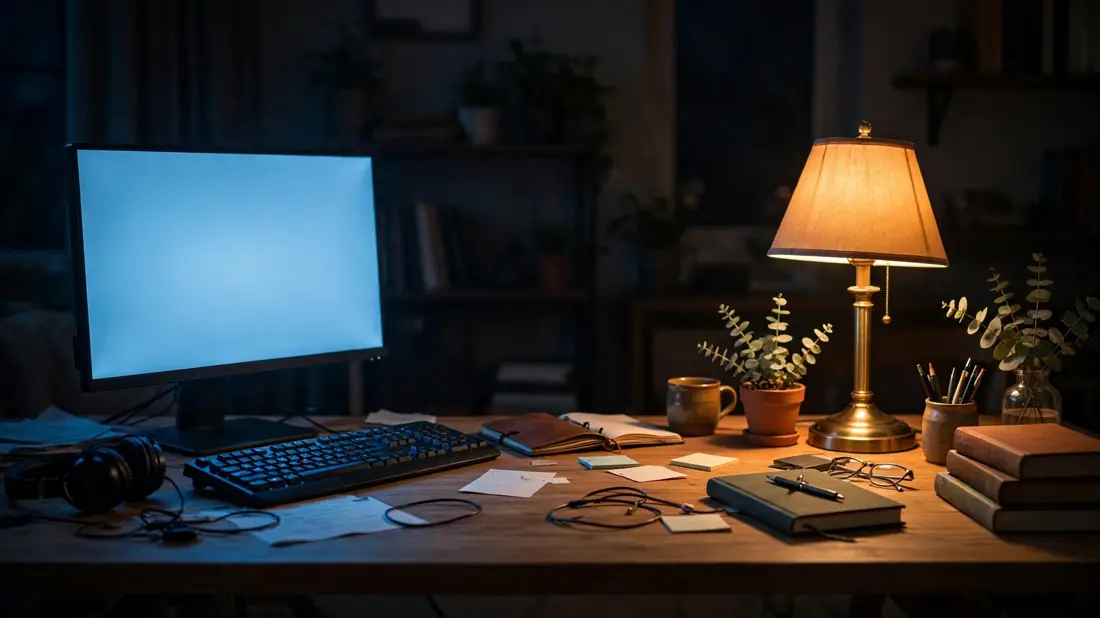 Desk scene blending harsh cool monitor glow on one side and warm lamp glow on the other