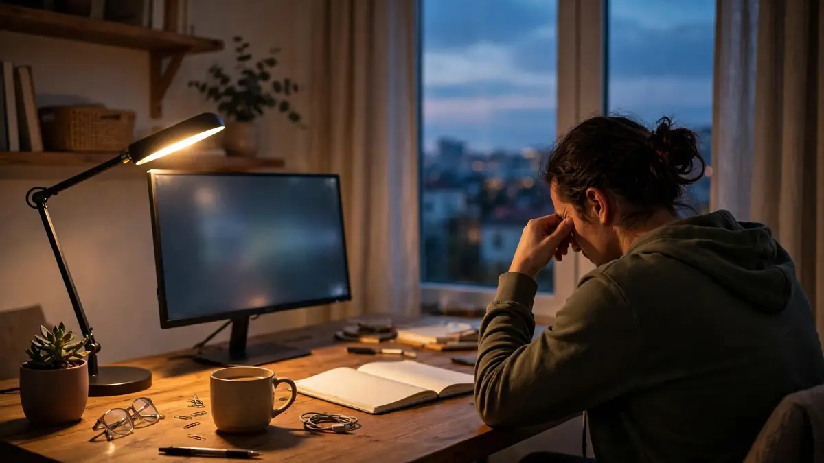 Home office desk at dusk lit by a desk lamp