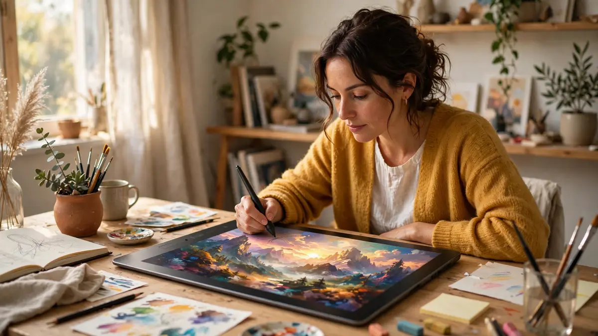 Creator making AI art on a tablet at a desk