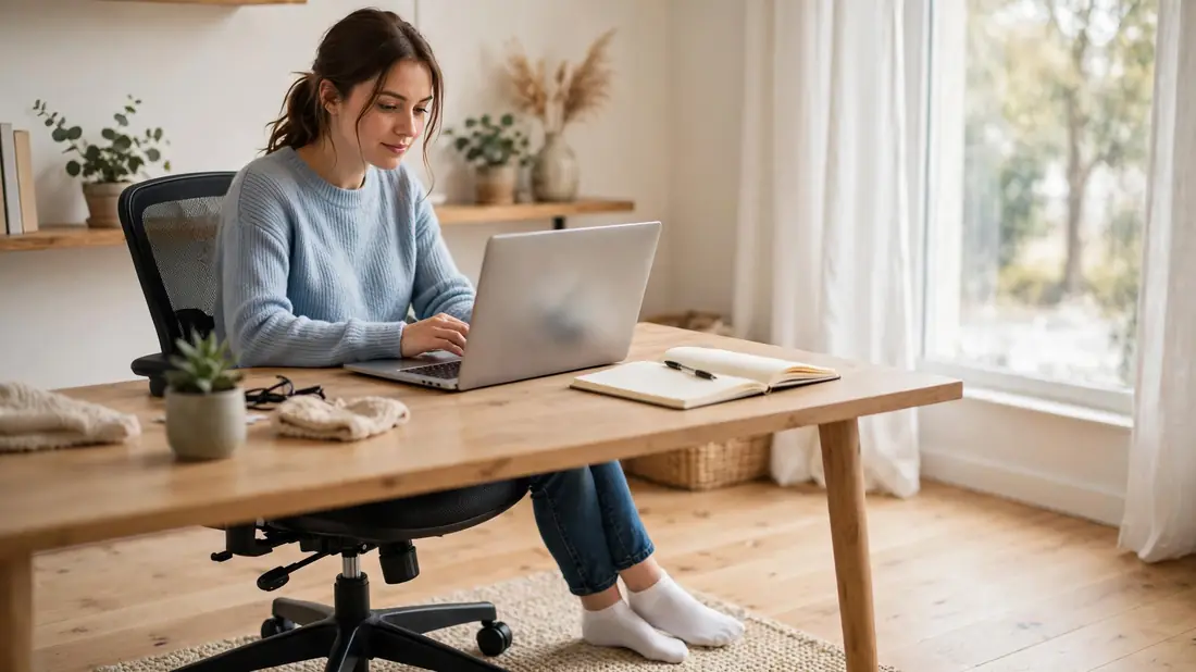 Petite woman sitting in an office chair with feet flat on the floor