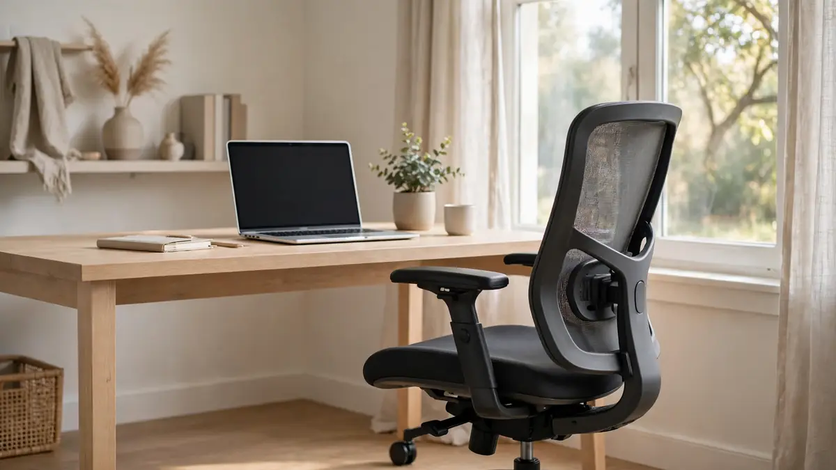 Modern ergonomic office chair in a bright home office with a desk and laptop