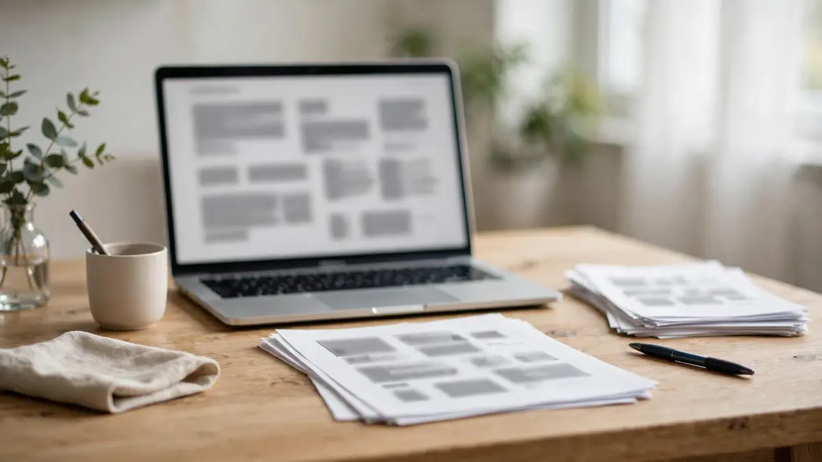 Desk with a laptop showing a blurred document layout, printed pages and a pen beside it