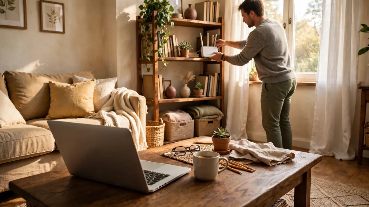Person repositioning a Wi-Fi router on a bookshelf in a living room with a laptop on the coffee table