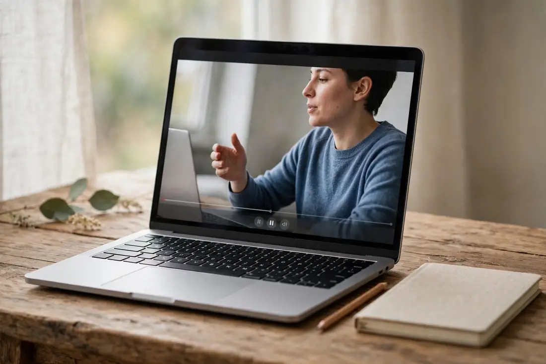 Laptop showing a video lesson on a desk with notebook and pen