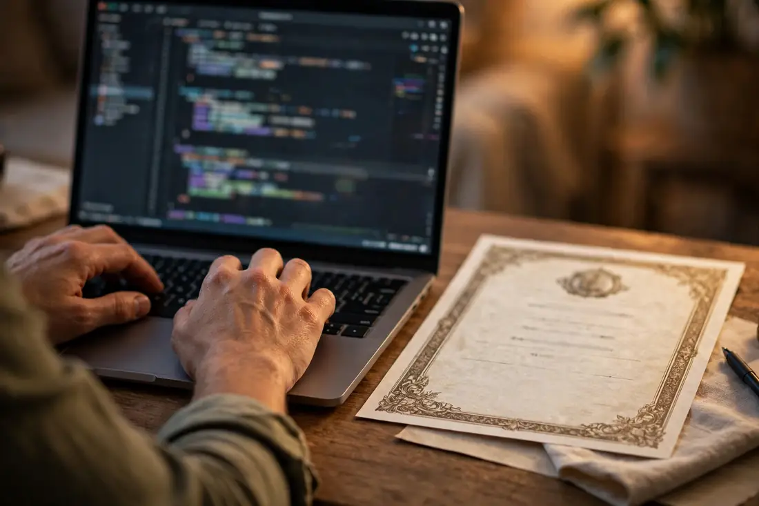 Hands typing code on a laptop next to a printed certificate document