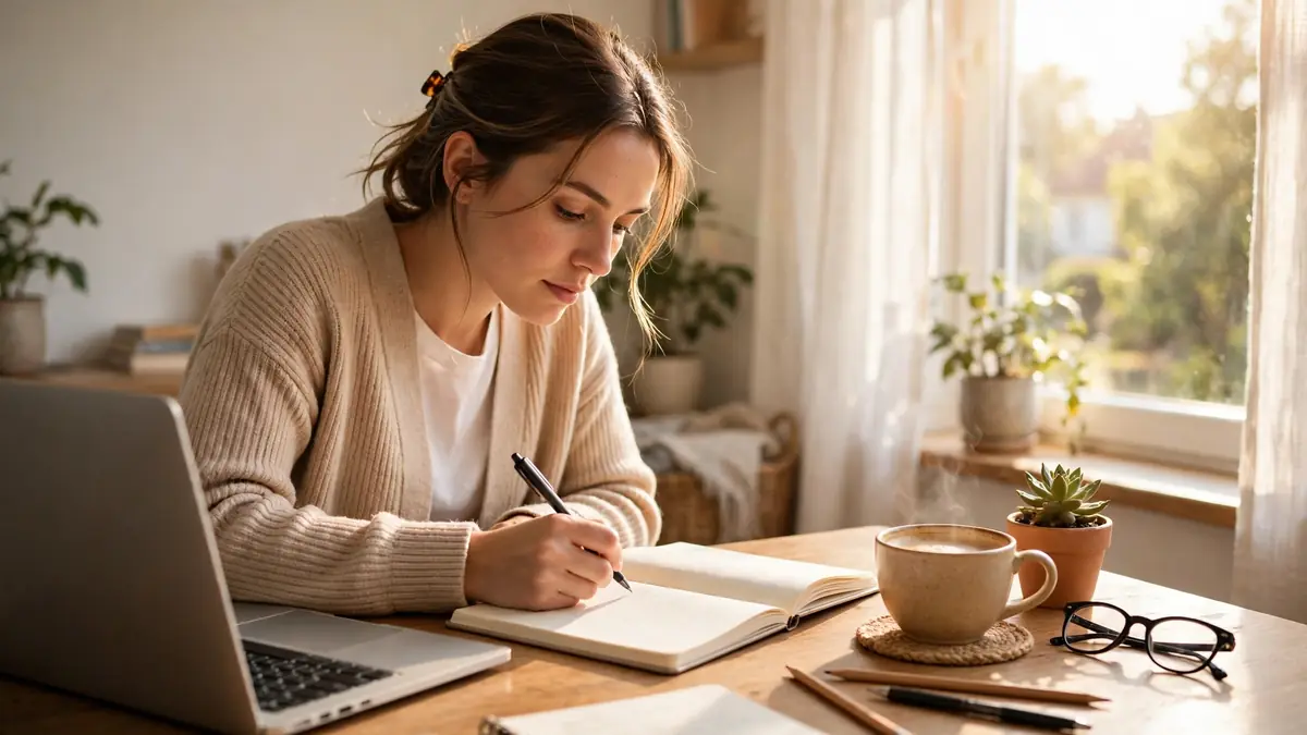 Person studying at a bright home desk with laptop, notebook, and coffee