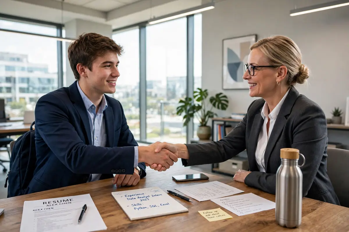 Young job candidate shaking hands with an interviewer across a desk in a bright office