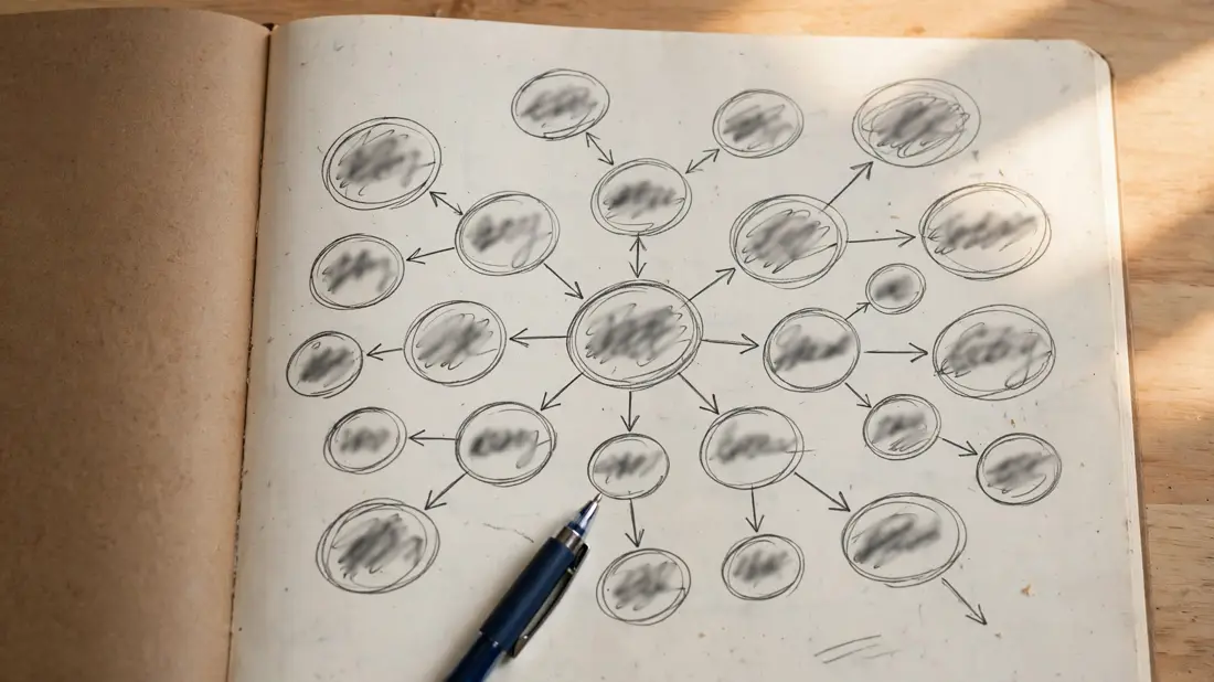 Overhead close-up of a notebook with a hand-drawn mind map of blog ideas