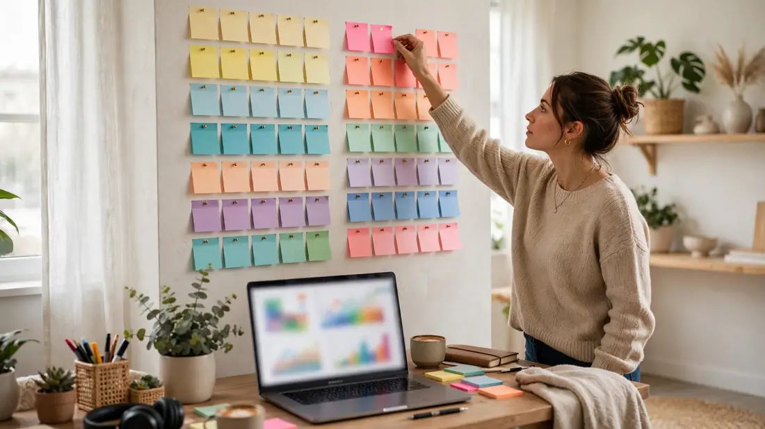 Blogger comparing two columns of sticky notes on a wall by a laptop
