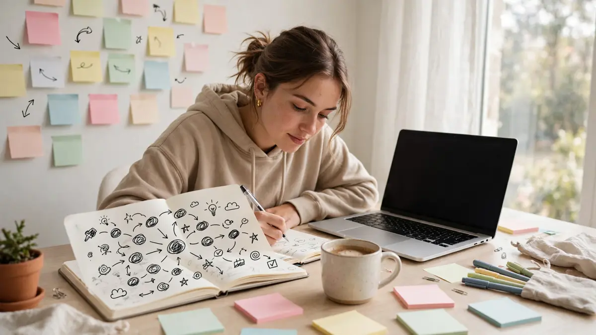 Blogger planning keywords in a notebook at a desk