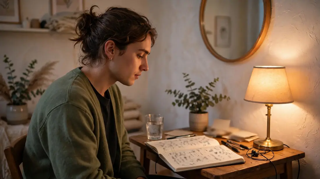 Job candidate practicing interview answers at home with a notebook
