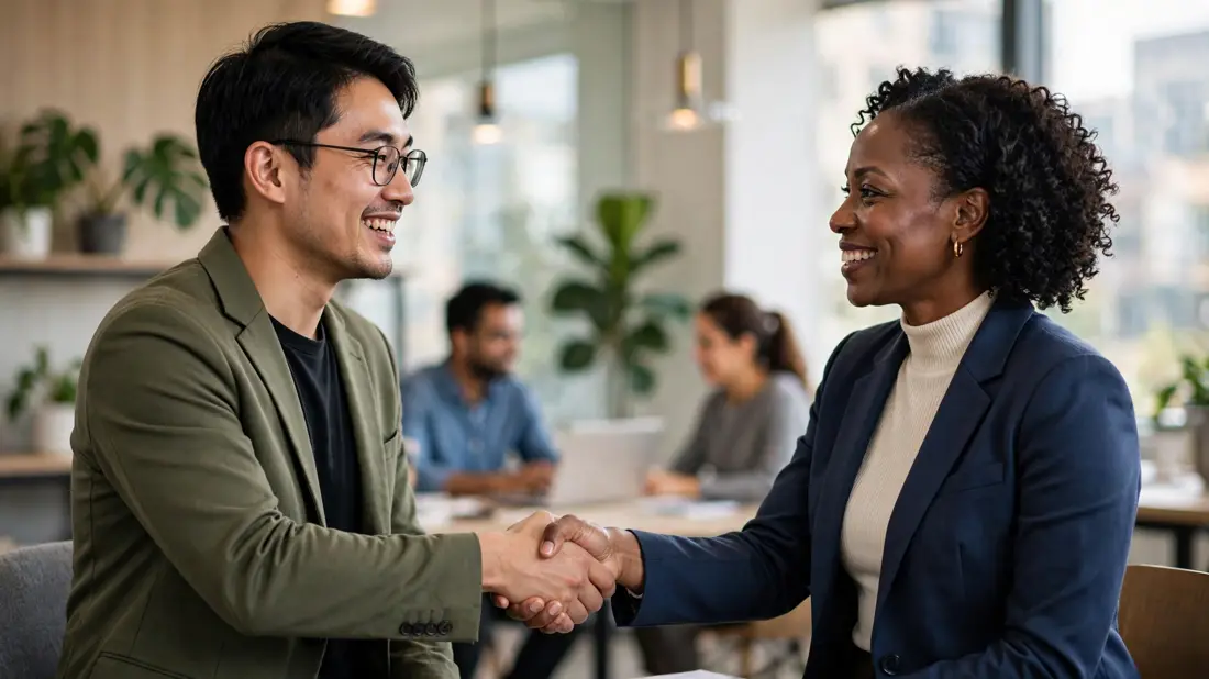 Candidate shaking hands with interviewer at the end of an interview