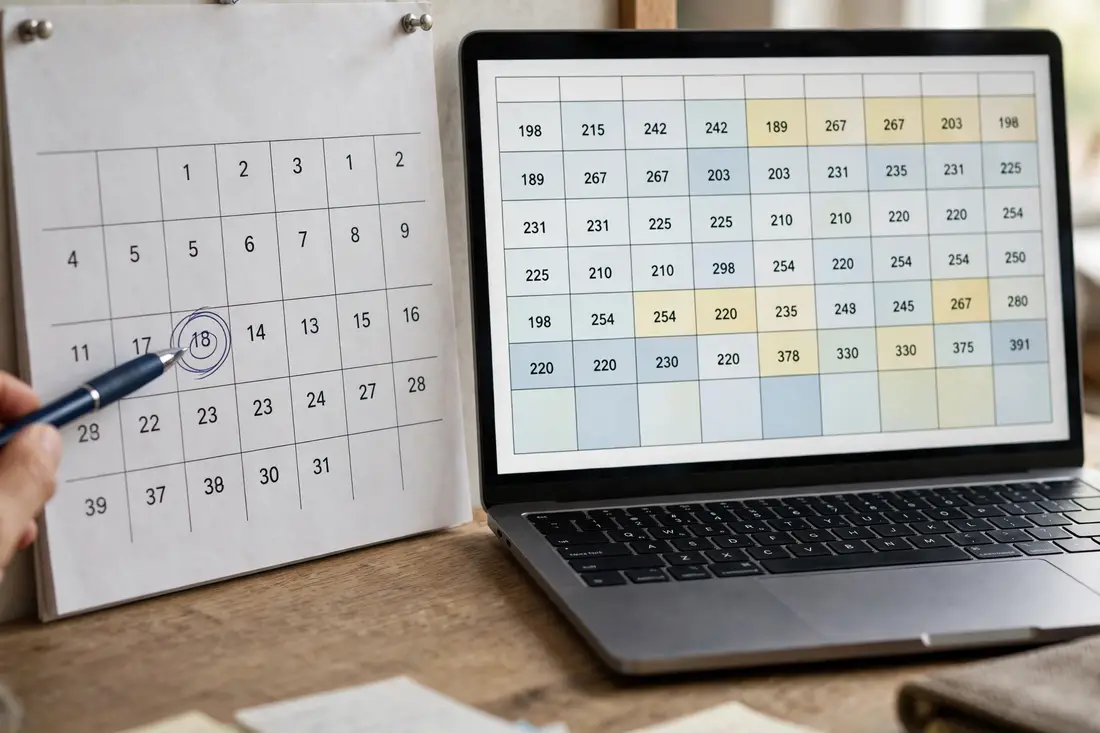 Paper calendar and a laptop showing a monthly grid of flight prices