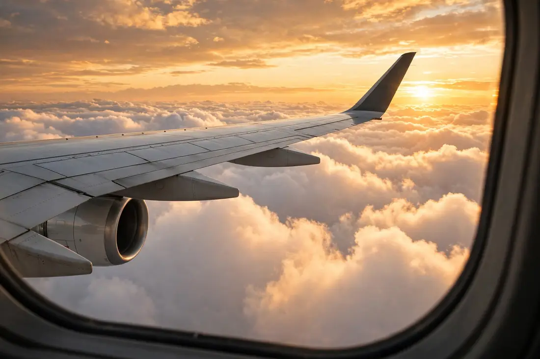 Airplane wing over white clouds at golden sunset