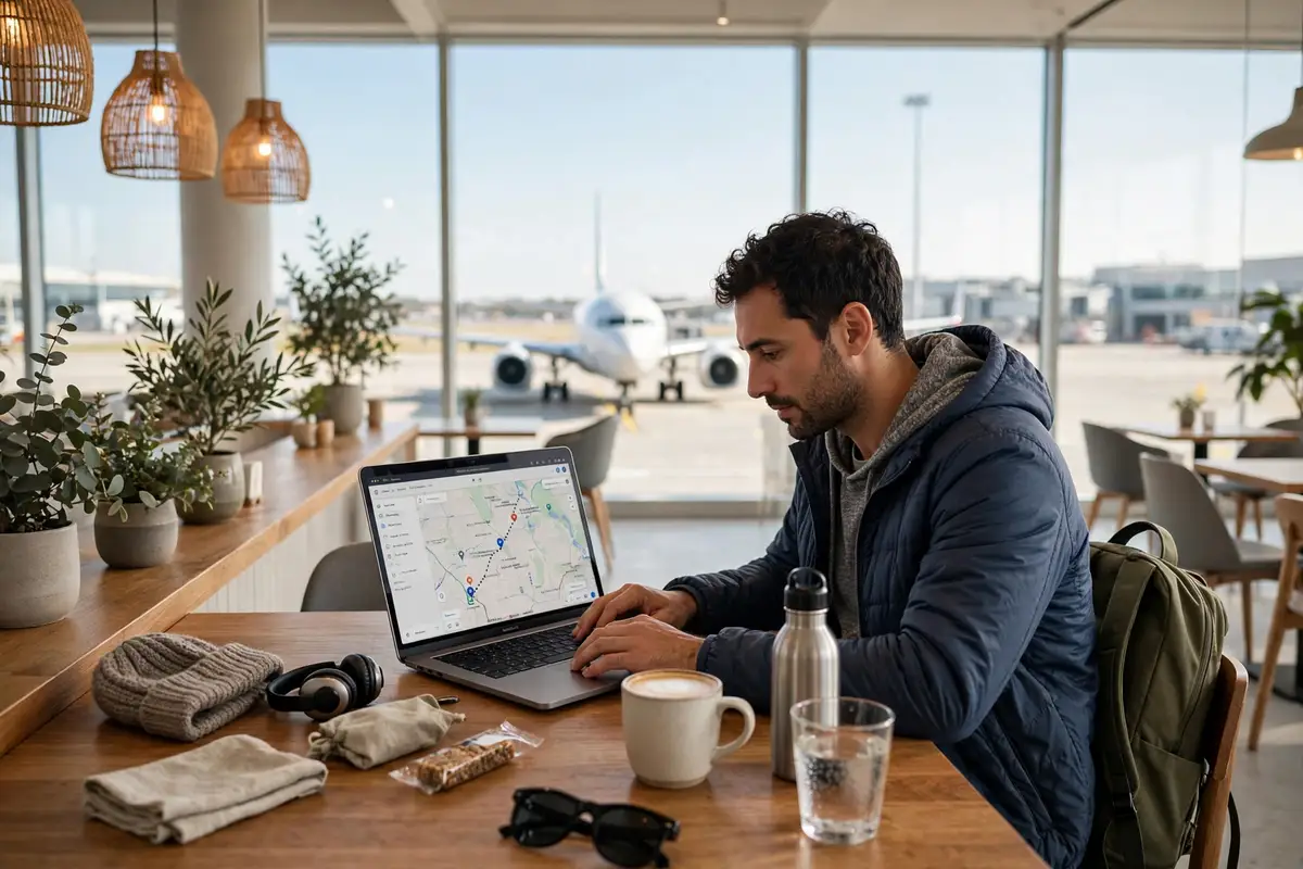 Traveler comparing flight prices on a laptop at an airport cafe