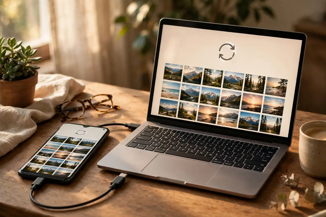 Phone connected to a laptop by USB cable, photos syncing between them