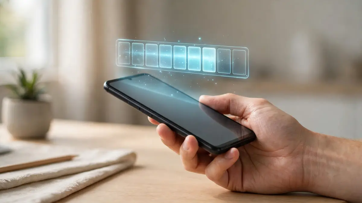 Hand holding an Android phone over a desk with a glowing storage bar floating above it