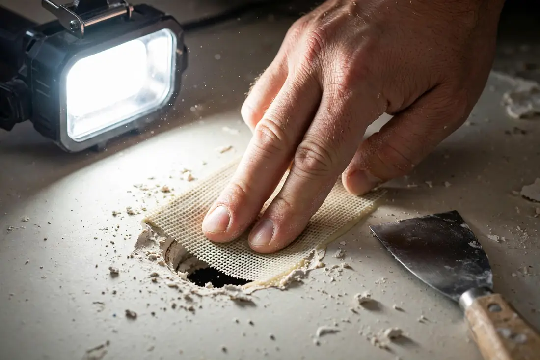Hand pressing a self-adhesive mesh patch over a drywall hole