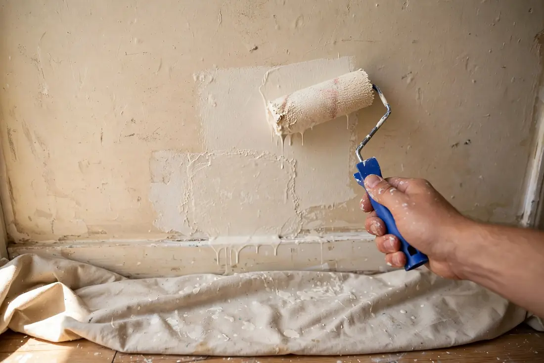 Paint roller applying fresh paint over a patched wall section