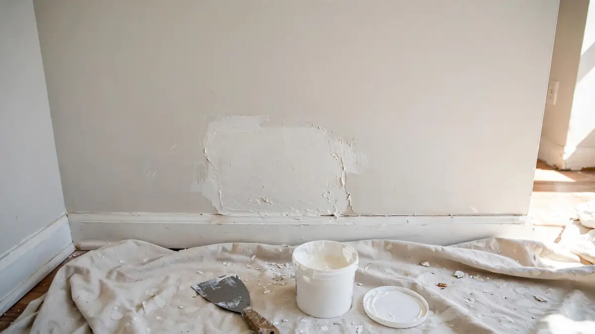 Bedroom wall with a drywall repair in progress, putty knife and spackle tub nearby