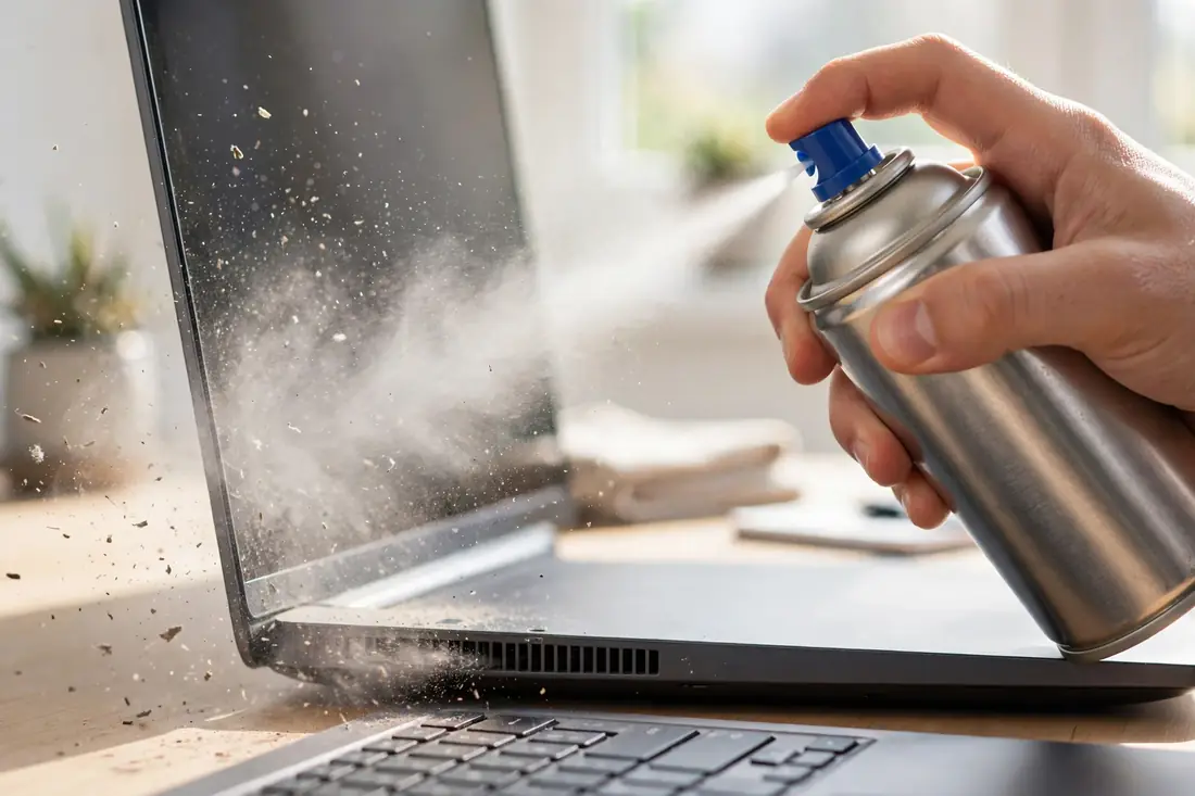 Person cleaning a laptop vent with a can of compressed air