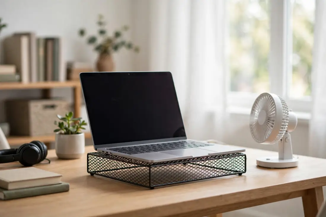 Laptop on a mesh cooling stand with a small desk fan nearby