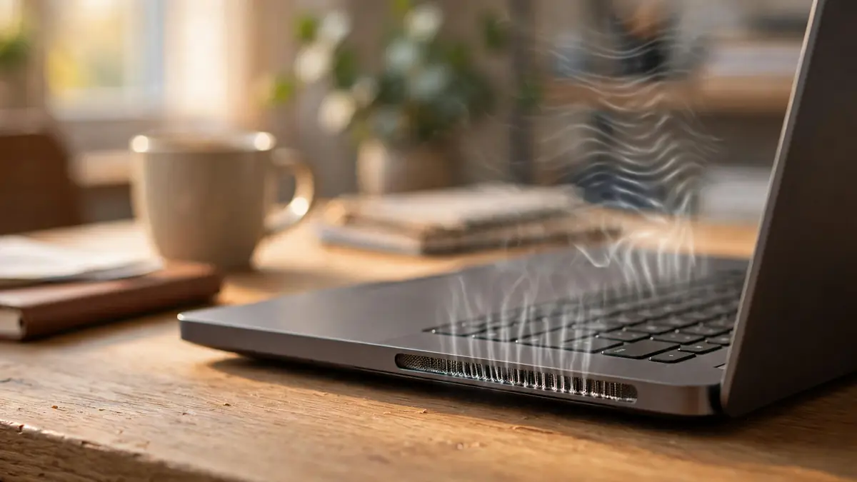 Laptop on a home-office desk with heat shimmer rising from its side vent