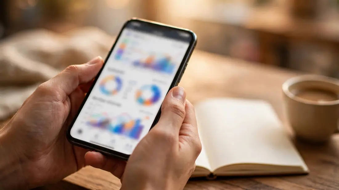Hands holding a smartphone showing an analytics dashboard next to a coffee cup and notebook