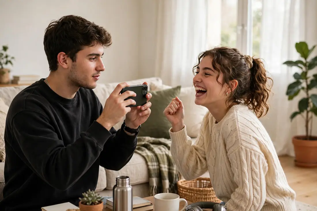 Two creators filming a video together in a bright living room
