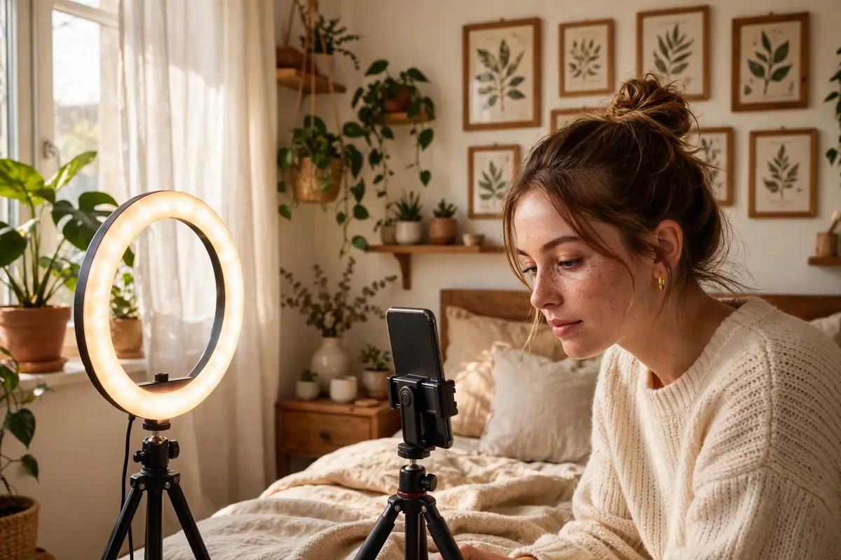 Young woman filming a smartphone video on a tripod with a ring light in a bright bedroom
