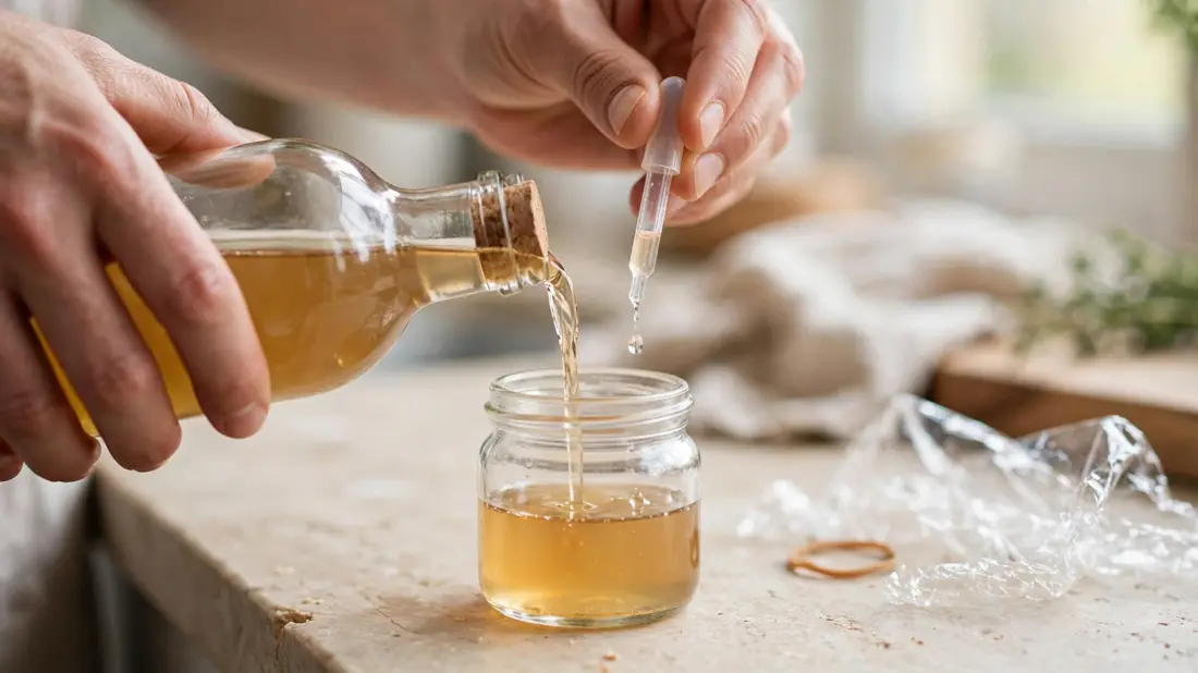 Hands pouring apple cider vinegar into a small jar to make a fruit fly trap