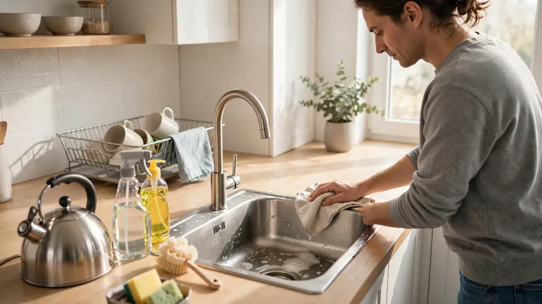 Person cleaning a kitchen sink and drain area with a cloth