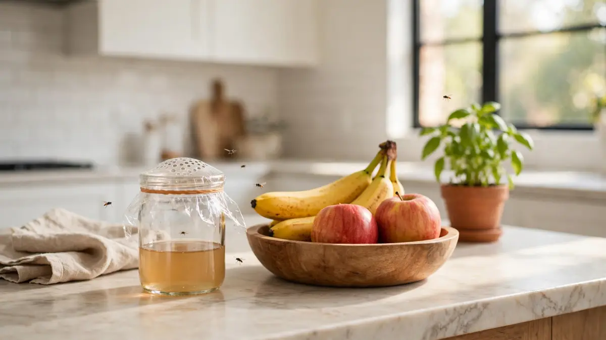 Vinegar trap next to a fruit bowl in a bright kitchen