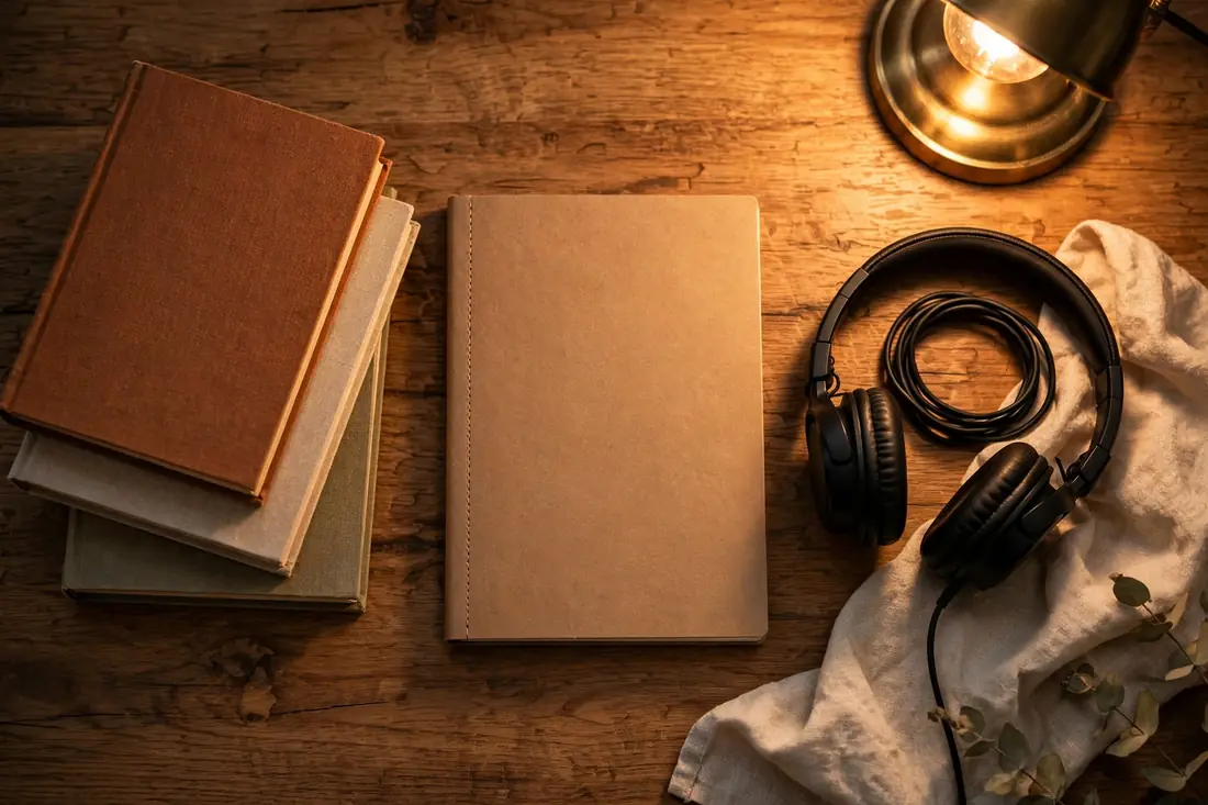 A stack of books and a notebook representing a personal reading list