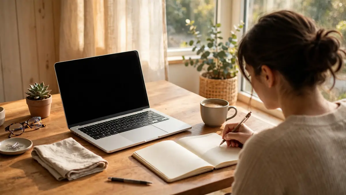 A person organizing their week at a tidy desk with a laptop and notebook