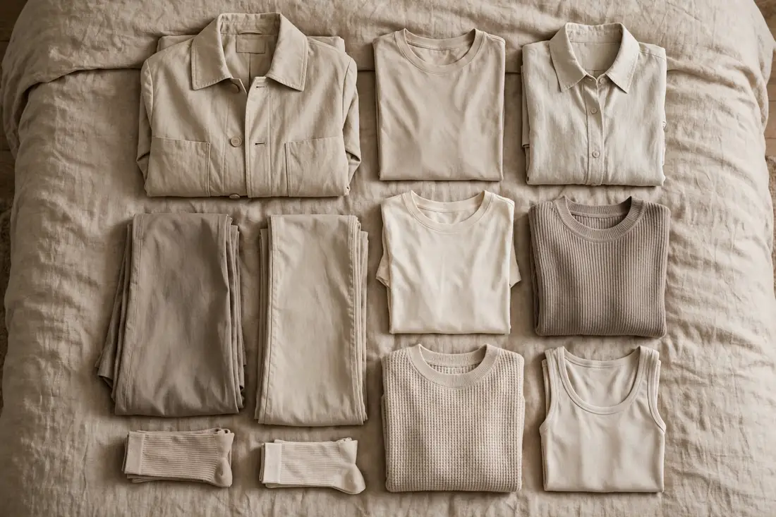 Overhead flat-lay of a two-week capsule travel wardrobe in neutral tones
