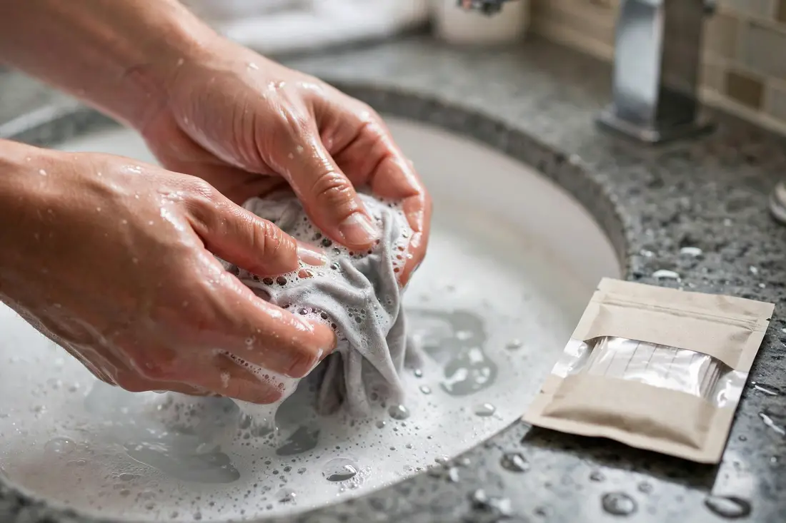Hands hand-washing clothes in a hotel bathroom sink