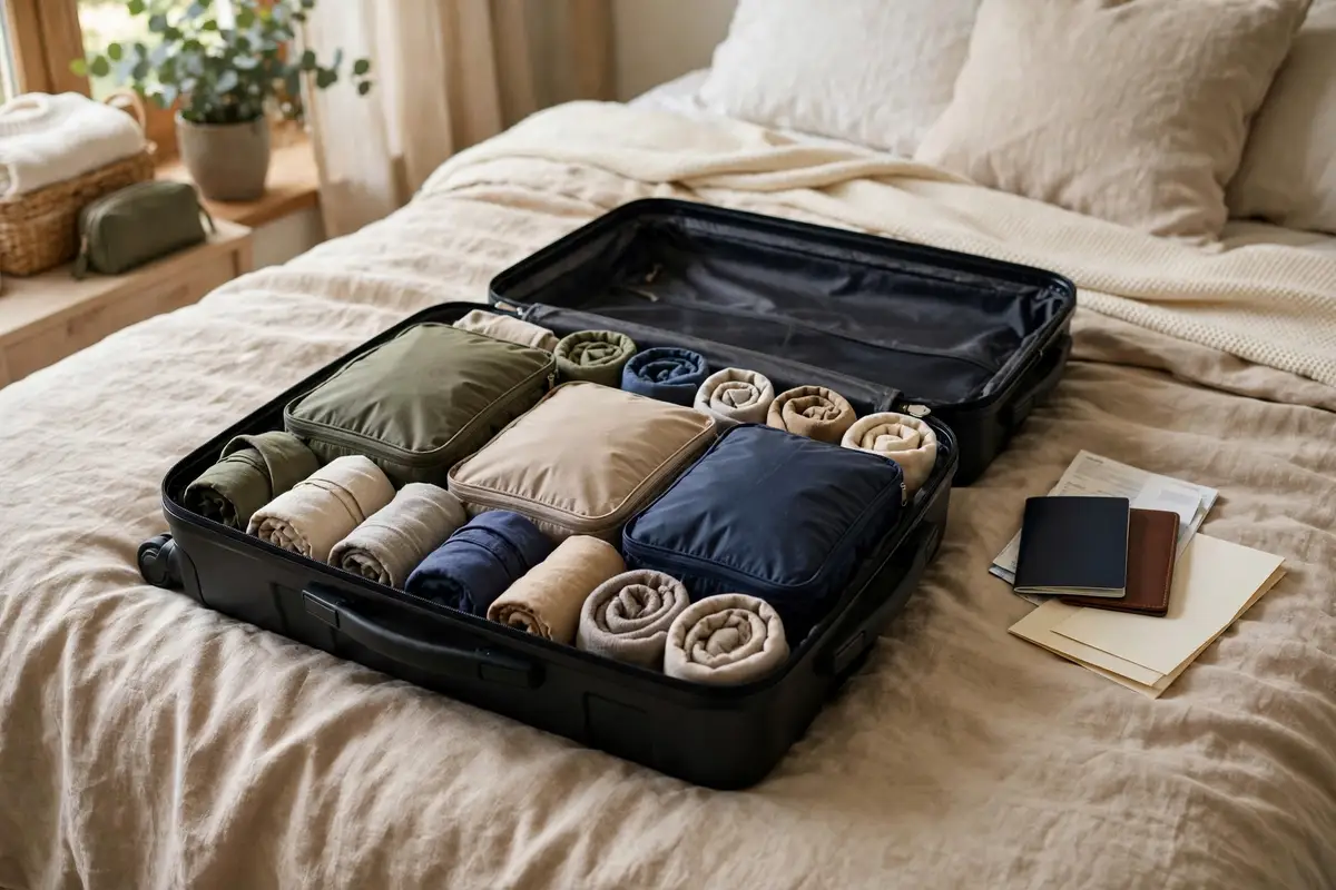 Open carry-on suitcase on a bed packed with rolled clothes and packing cubes