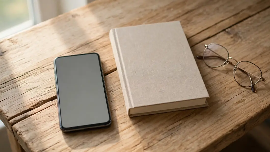 Smartphone in grayscale mode lying face-down on a wooden desk next to a paper book