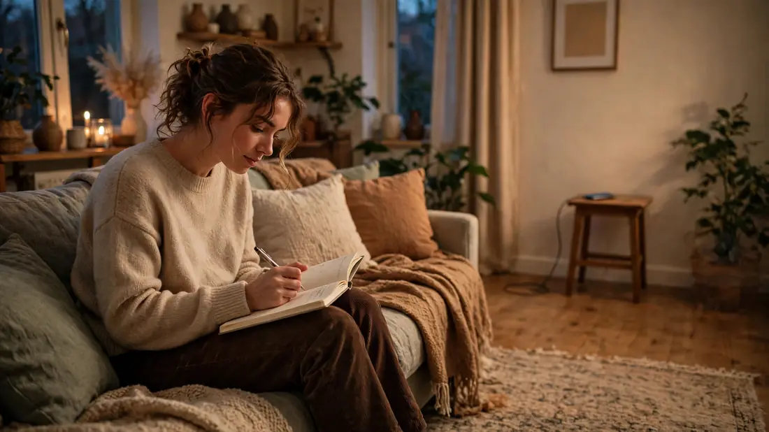 Person journaling on a couch in warm evening light with phone charging across the room