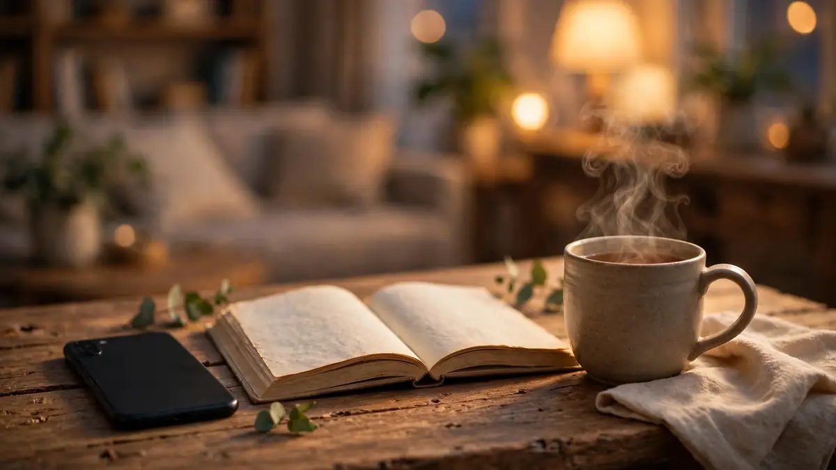 Smartphone lying face-down next to an open book and a steaming cup of tea on a wooden desk in warm evening light
