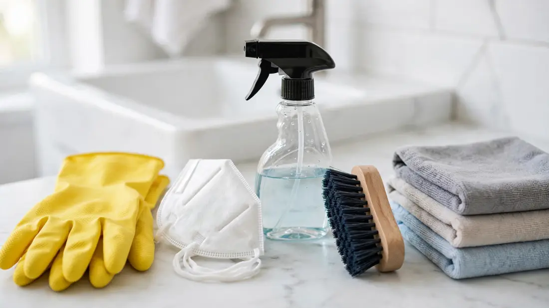 Safety gear laid out on a bathroom counter: gloves, mask, spray bottle, brush