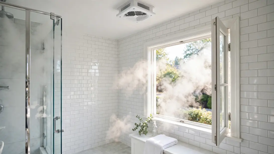 A bathroom exhaust fan and open window clearing steam from a bright bathroom
