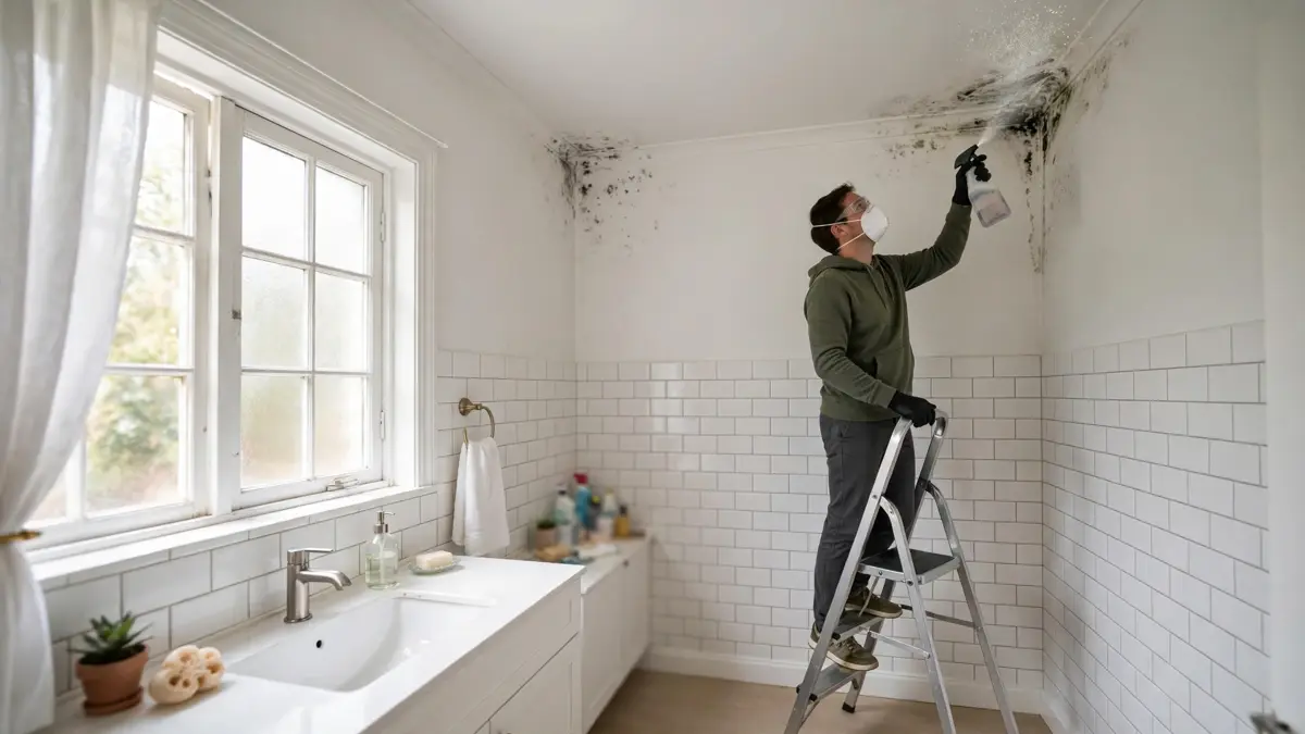 Person safely cleaning mold from a bathroom ceiling