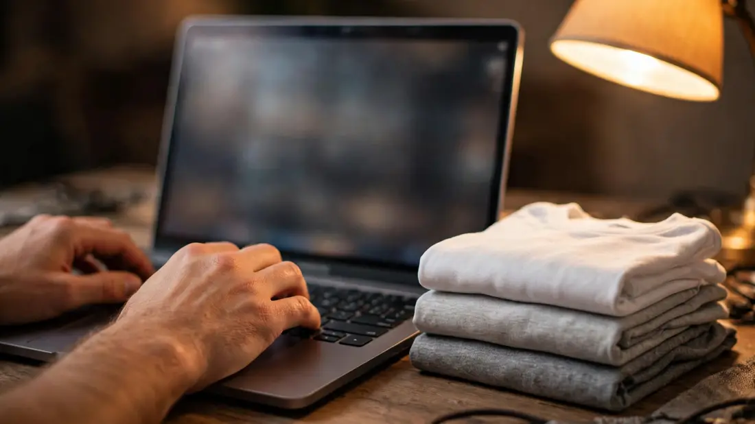 Hands uploading a design on a laptop next to a stack of folded blank t-shirts