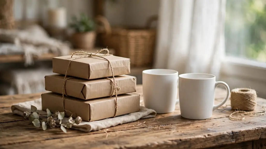 Small stack of shipped parcels and plain white mugs on a table, home business feel