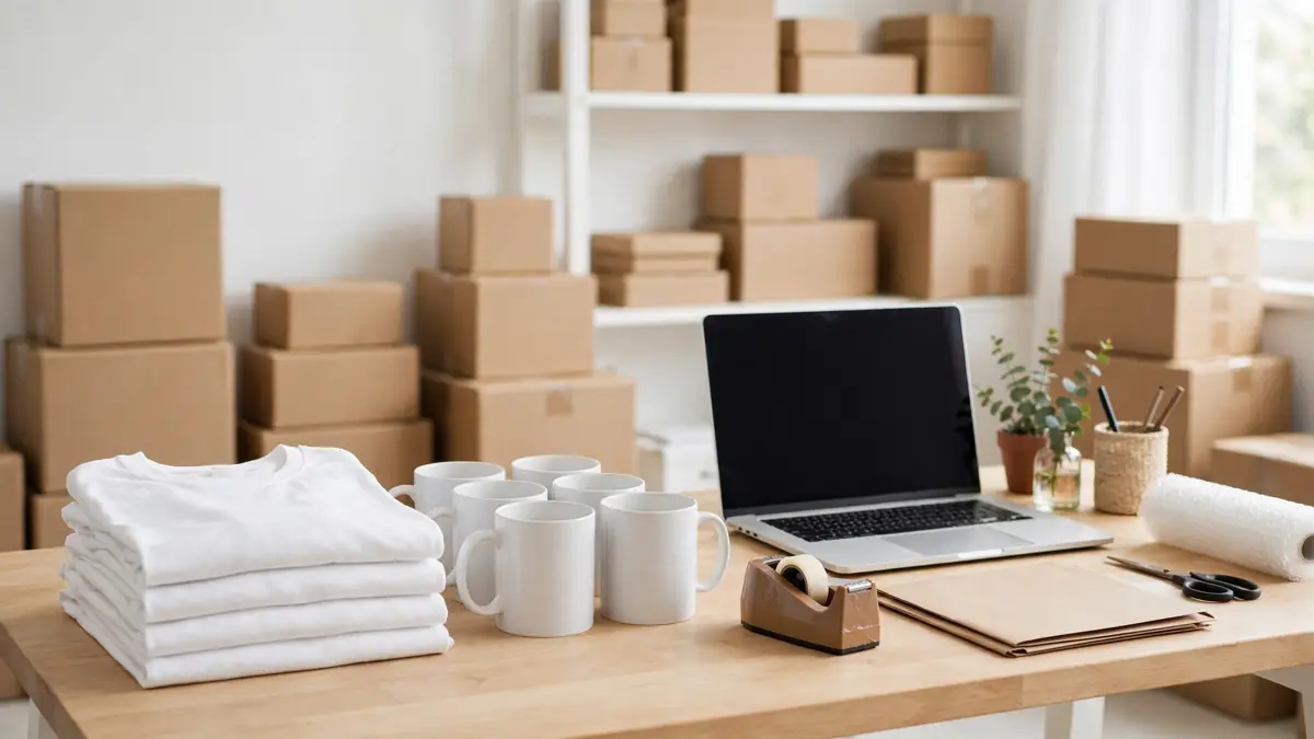 Blank t-shirts and mugs on a desk for print on demand
